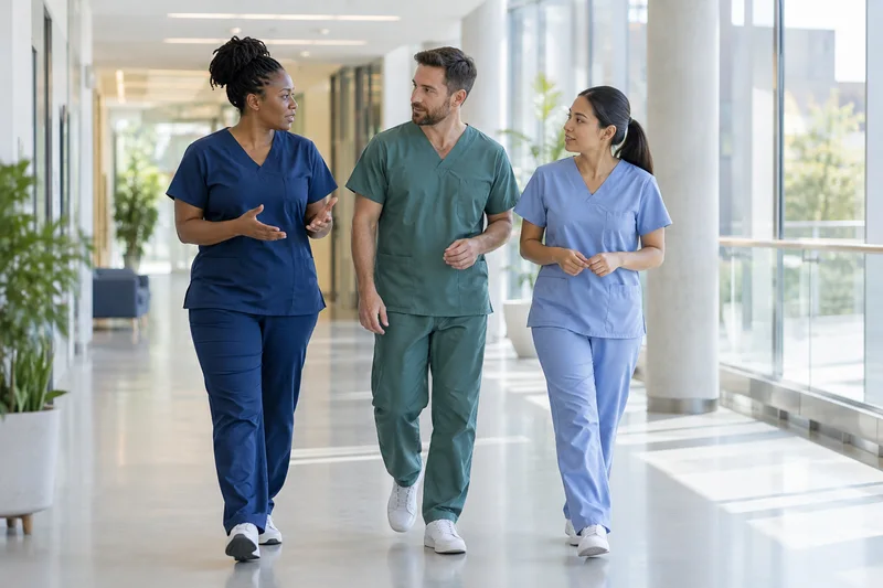 Three nursing professionals walking and talking in a bright healthcare corridor.