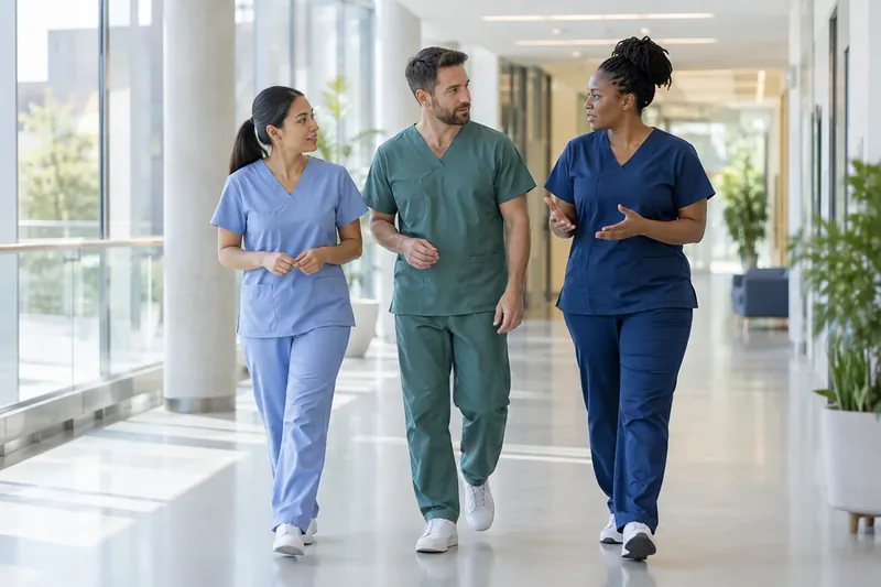 Three nursing professionals walking and talking in a bright healthcare corridor.