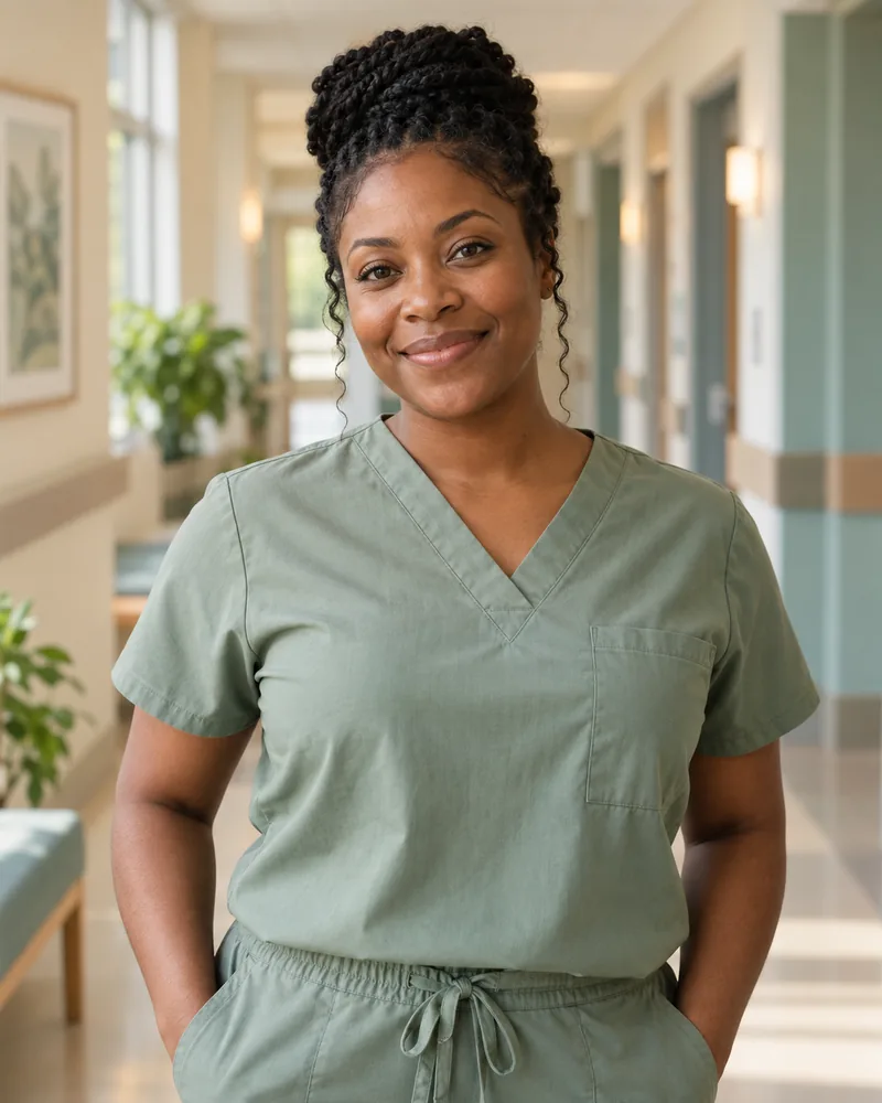 A nursing professional standing confidently in a bright healthcare corridor.