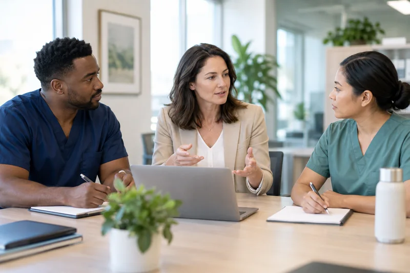 A healthcare administrator meeting with two nursing professionals in a bright office.